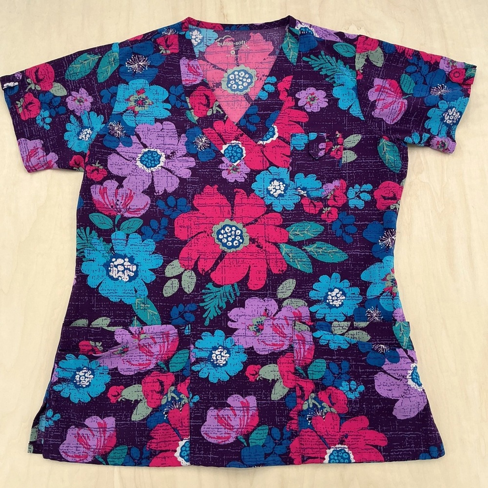 Butter-Soft Scrub Top Wms M Purple Floral Stretch V-Neck Asian Blossom Medical